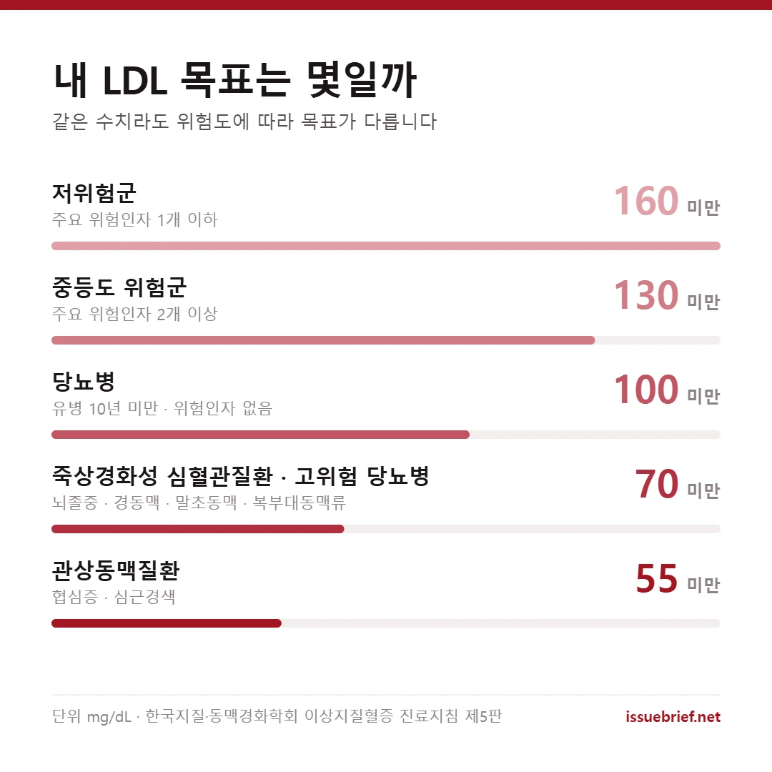 위험군별 LDL 콜레스테롤 목표 — 저위험군 160, 중등도 130, 당뇨병 100, 죽상경화성 심혈관질환 70, 관상동맥질환 55