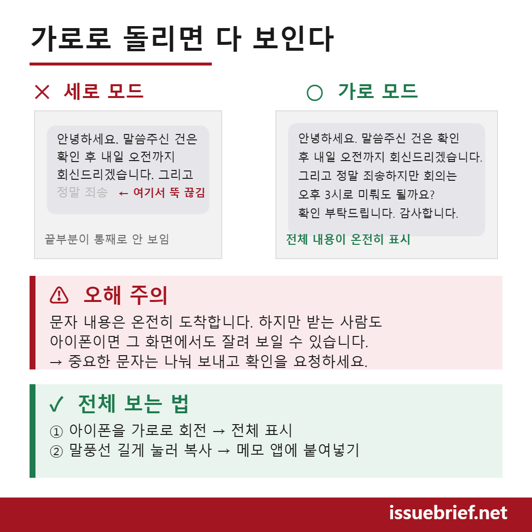 아이폰 세로 모드에서 문자가 잘리고 가로 모드에서는 전체가 보이는 화면 비교