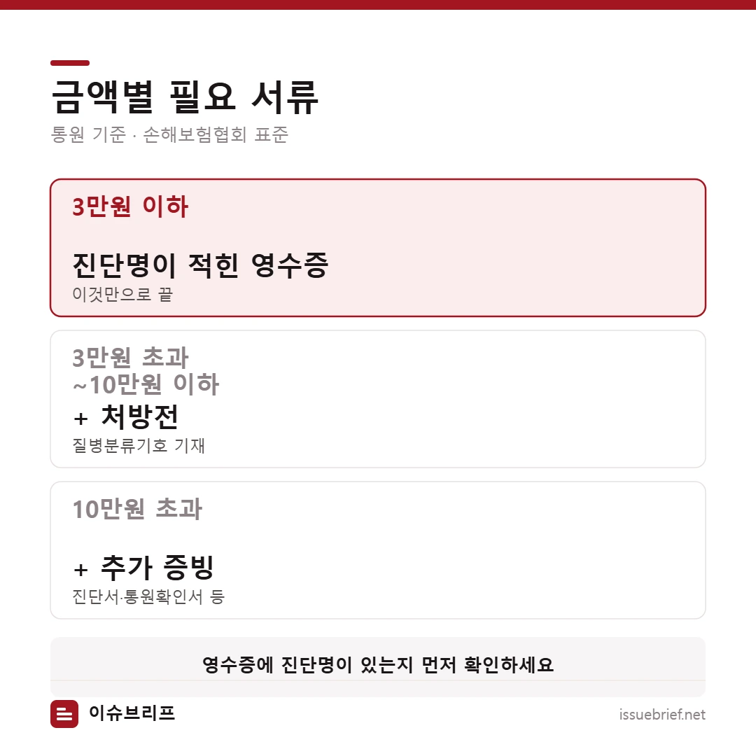 실비 청구 금액별 서류 — 3만원 이하는 진단명 영수증, 3만원 초과 10만원 이하는 처방전 추가, 10만원 초과는 진단서 등 추가 증빙